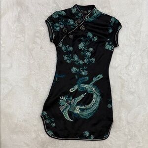 Kate Moss Topshop Silk Black and Teal Dragon Mini Dress